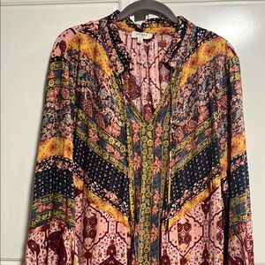 Umgee Pink Orange and Gold Graphic Dress with Mandarin Collar